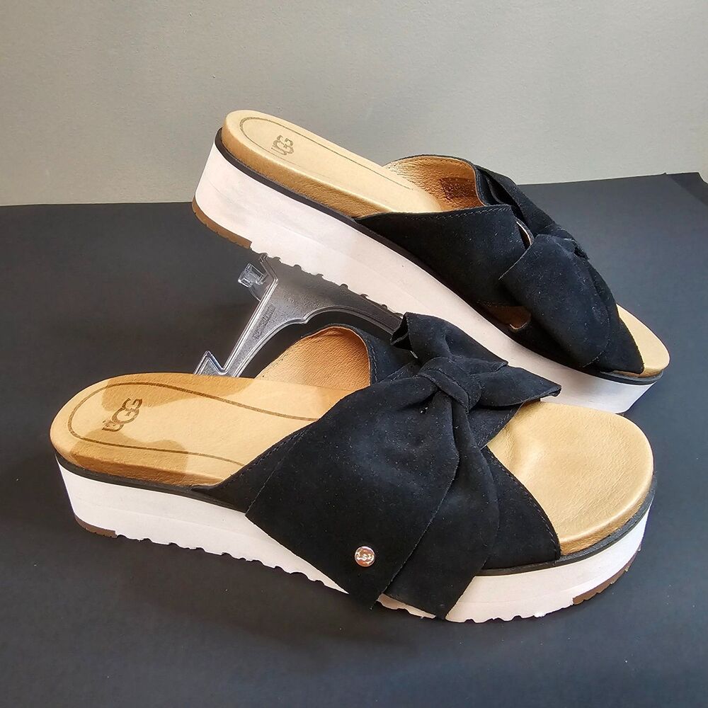 NWOT UGG Joanie Suede Leather Slip-on Sandals Black Bow Platform Treadlite 8.5